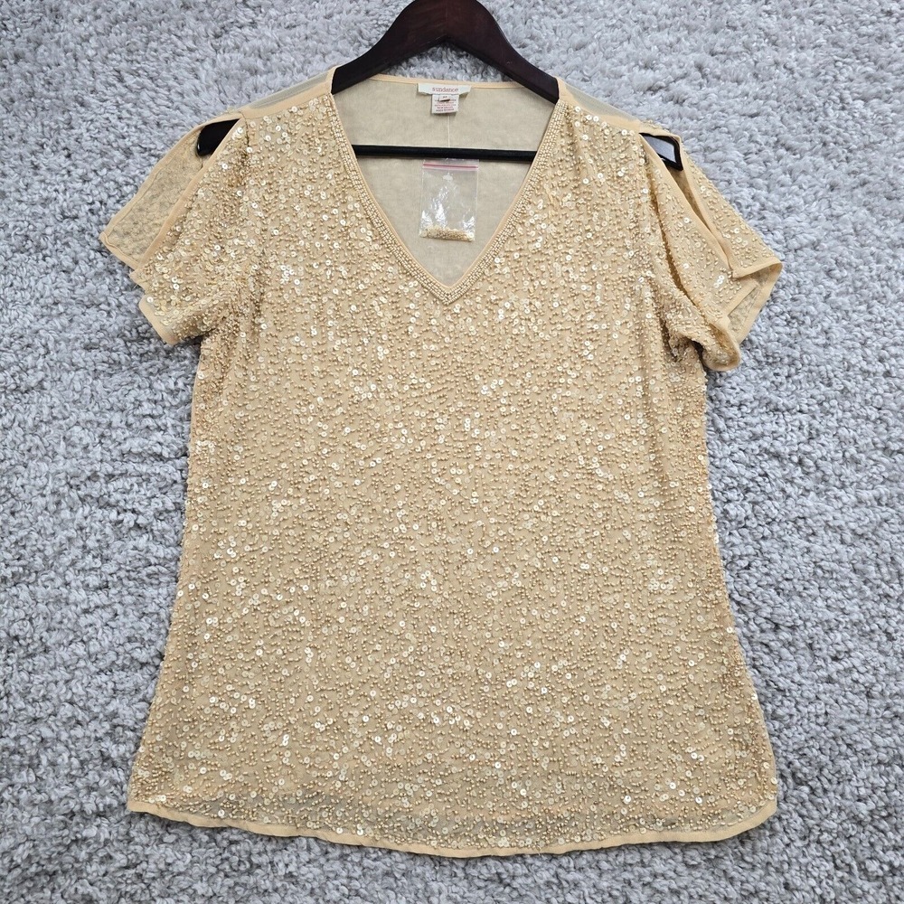 Sundance Womens Beaded Sequin Top Size M Beige Split Sleeve Pullover